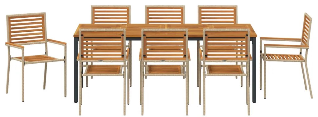 9 darabos kerti étkező garnitúra bézs poli rattan akáccal, Összecsukható kerti szék párnákkal - 2 db bézs poli rattanban, Kerti asztal 200x90x75 cm tömör akácfa és fém