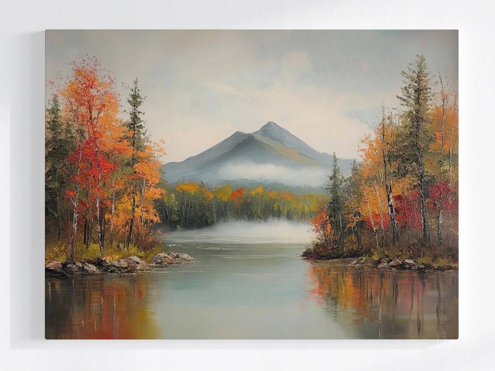 Vászonkép Canvas Tájkép Hegyek Erdő Tó Folyó Ősz Köd 80x60