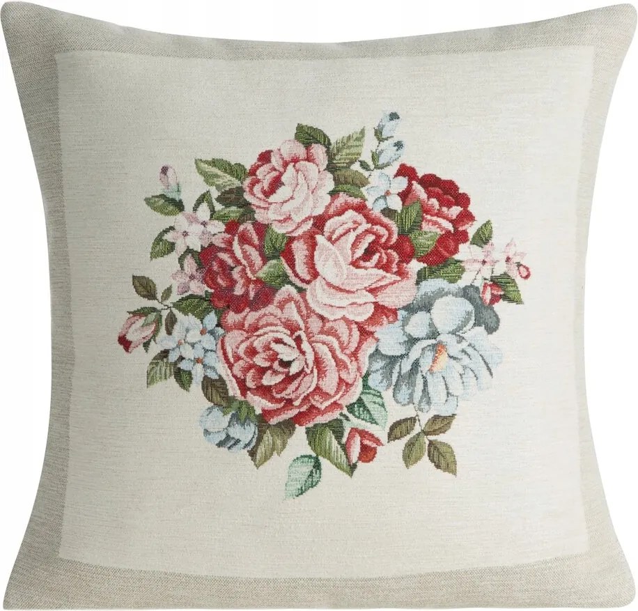 Dekoratív gobelin párnahuzat 45x45 Eurofirany natúr, színes virágokkal