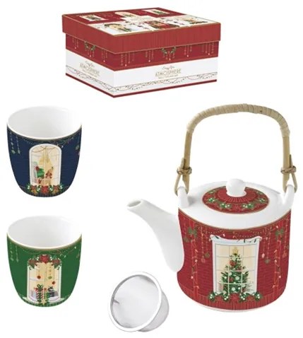 Karácsonyi porcelán ajándék szett teáskanna fém szűrővel 2 porcelán pohárral díszdobozban Festive Avenue