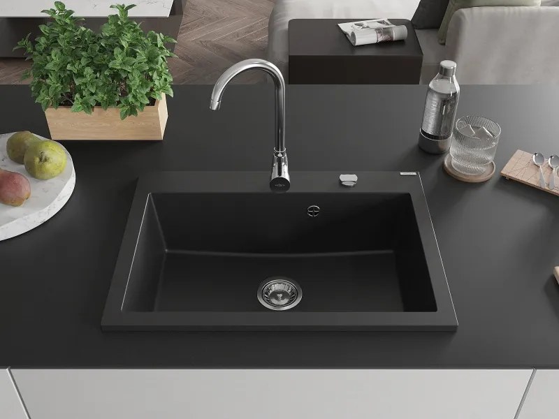 Mexen Elix 1-medencés gránit mosogató 700 x 500 mm, fekete, króm szifon - 6526701005-77