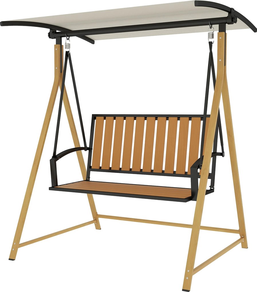 Outsunny 2 személyes kültéri kertihinta fa mintával, állítható napernyővel és fém kerettel, 240 kg terhelhetőség, 142x112x162 cm, természetes és bézs