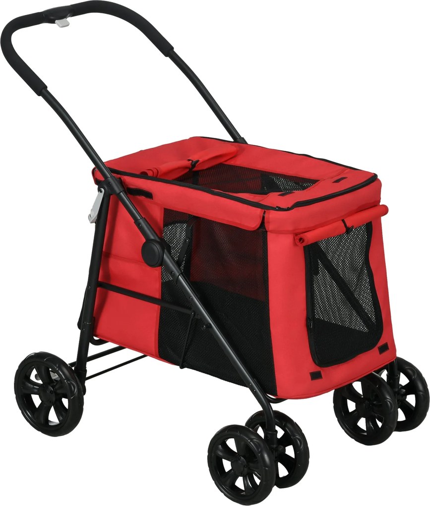 PawHut Összecsukható Háziállat Babakocsi Kutya Macska Párnával, Fékkel Ellátott Kerekekkel, 600D Oxford Szövet, Acél, 102 x 62 x 105 cm, Piros | Aosom