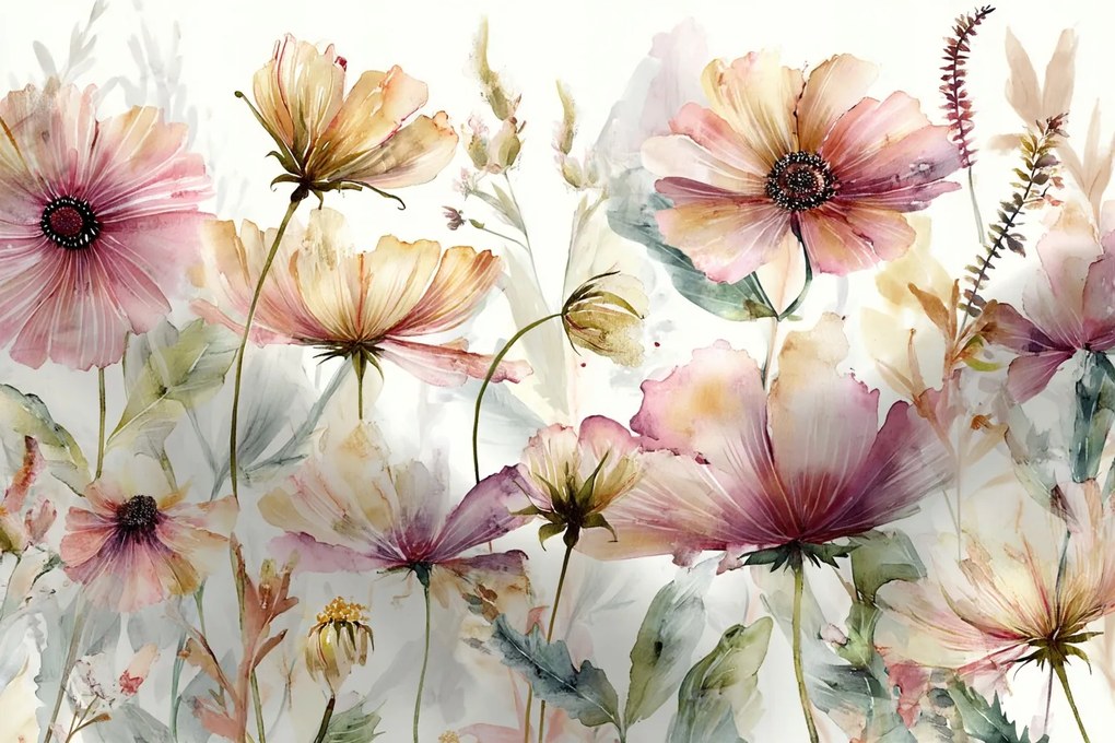 Fotótapéta Flizelina Akvarell Kert Rét Virágágyás Rózsaszín Virágok 368x254 ragasztó