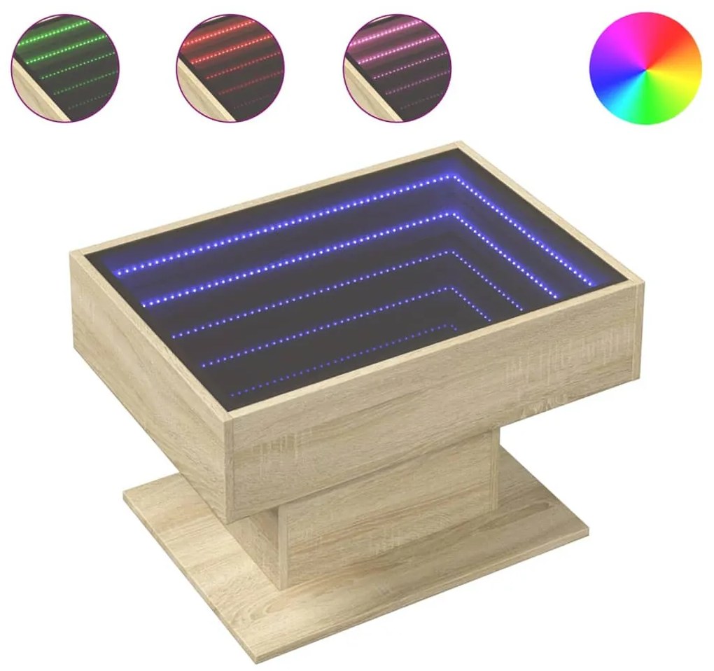 Sonoma tölgy szerelt fa dohányzóasztal LED-del 70 x 50 x 45 cm