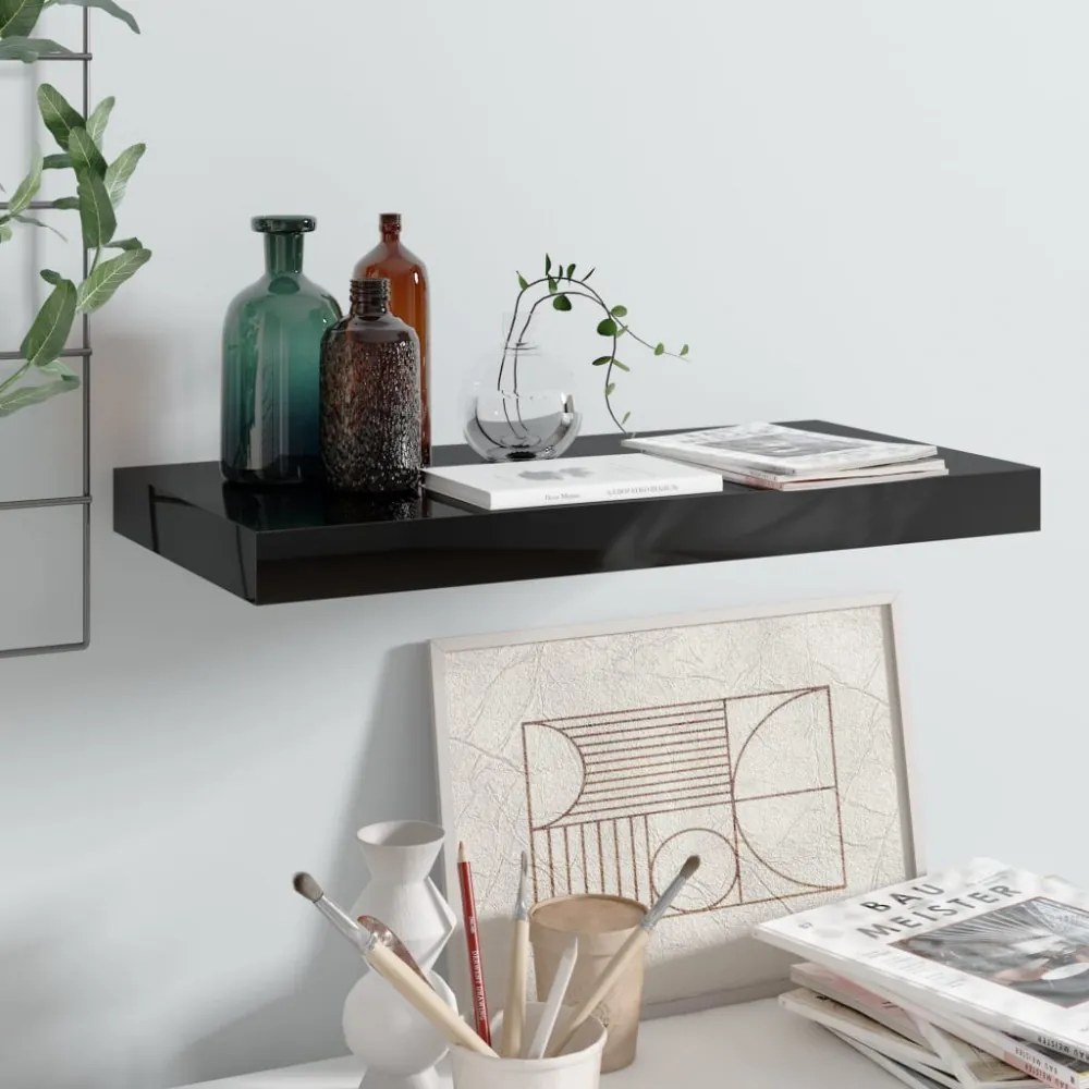 magasfényű fekete MDF lebegő fali polc 50 x 23 x 3,8 cm