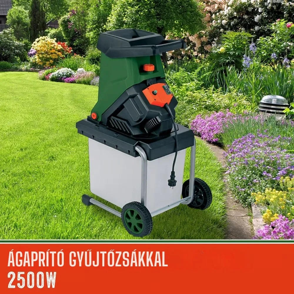 CHIP kerti aprítógép/daráló 50 literes gyűjtőtartállyal, 3100W fekete/zöld Gardebruk