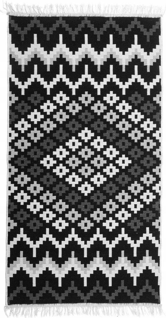 Kilim Boho Etno Rombusz Szőnyeg Fehér-fekete 120X160 Pamut, Rojtos Szőtt
