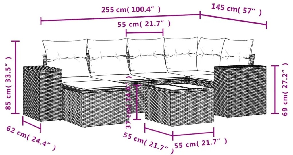 7 részes fekete polyrattan kerti ülőgarnitúra párnával