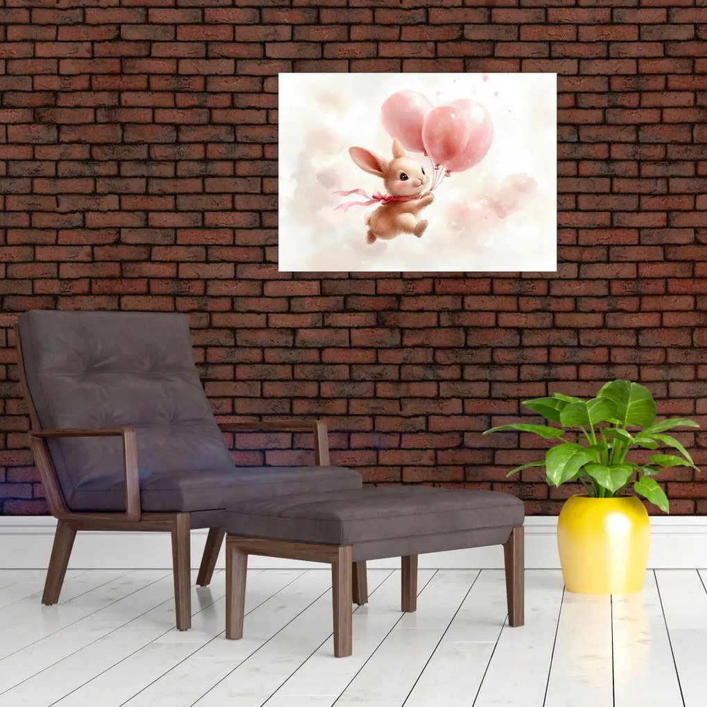 Üveg kép - Nyuszi léggömbökkel (70x50 cm)
