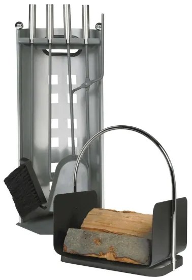 Kandalló szerszámok és fához való kosár készlet nyéllel 6 db antracit