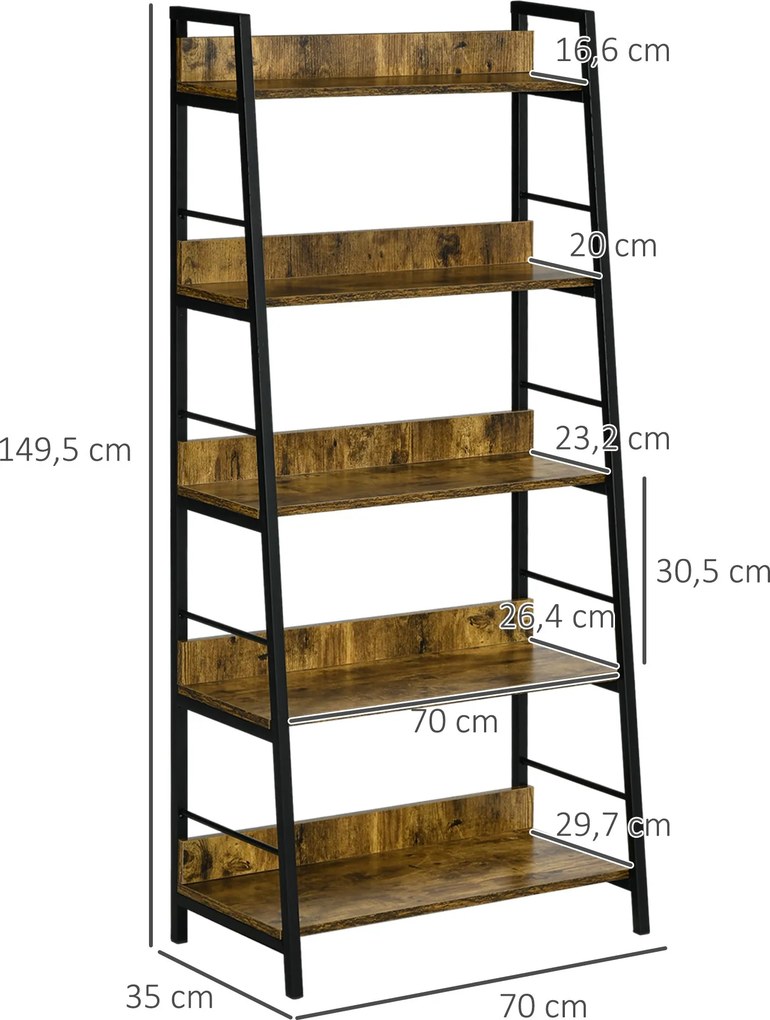 HOMCOM Ipari Stílusú Dőlt 5-Szintes Könyvespolc 70L x 35W x 150H cm | Aosom