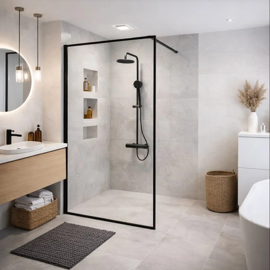 Erga Paris, Beépíthető zuhanykabin 120x200 cm, fekete keretben, 8 mm-es átlátszó üveg, fekete profil, ERG-V02-PARIS-120x200-BF