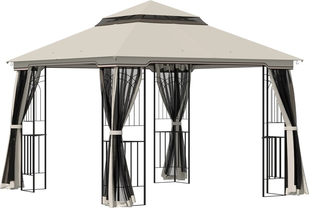 Outsunny Kerti Pavilon Dupla Tetővel, 4 Oldallal, Fém + Poliészter, Bézs, 2,99 x 2,99 x 2,74 m | Aosom