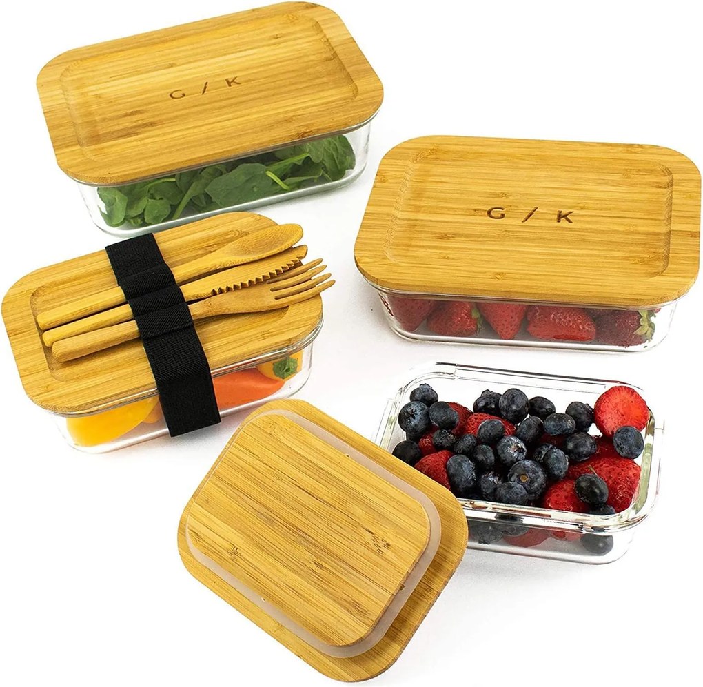 Gramercy Friss élelmiszer tartó dobozkészlet, 4 méretben, boroszilikát üveg, bambusz fedőkkel, egymásra rakható