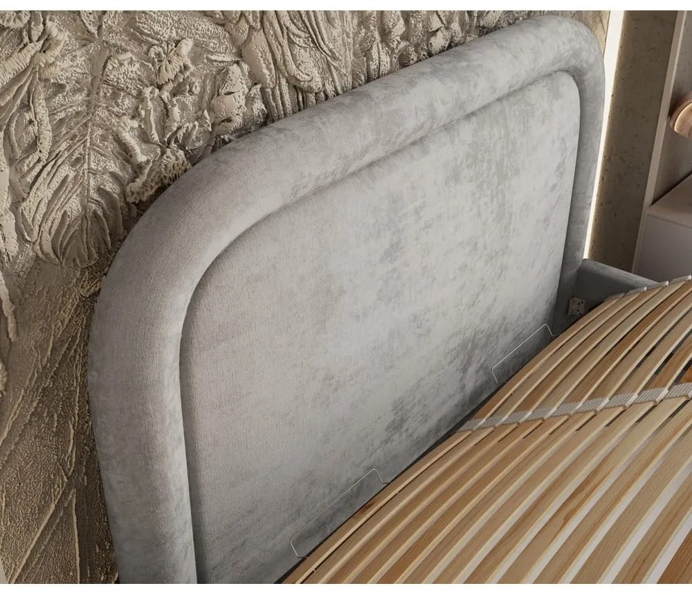 Világosszürke kárpitozott ágyneműtartós franciaágy ágyráccsal 140x200 cm Mija – Maison de Rêve