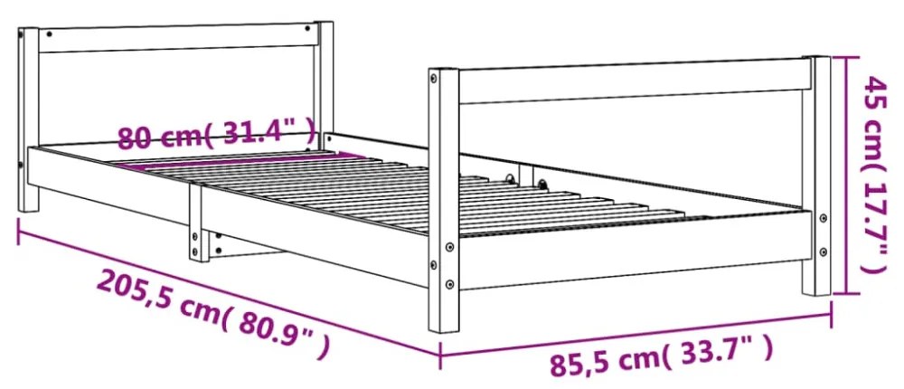 fekete tömör fenyőfa gyerekágykeret 80 x 200 cm