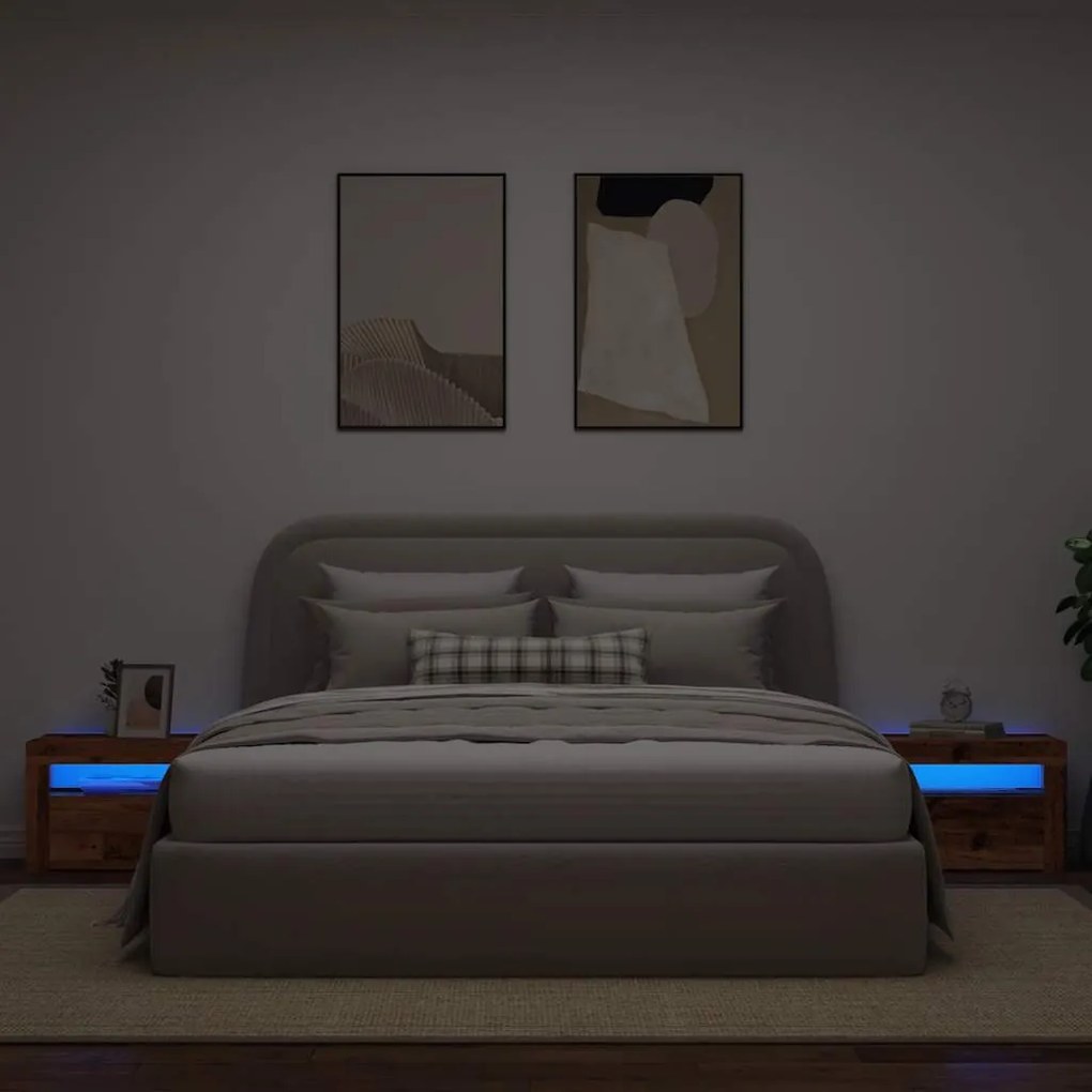 2 db antik fa színű éjjeliszekrény LED-del 60 x 35 x 40 cm