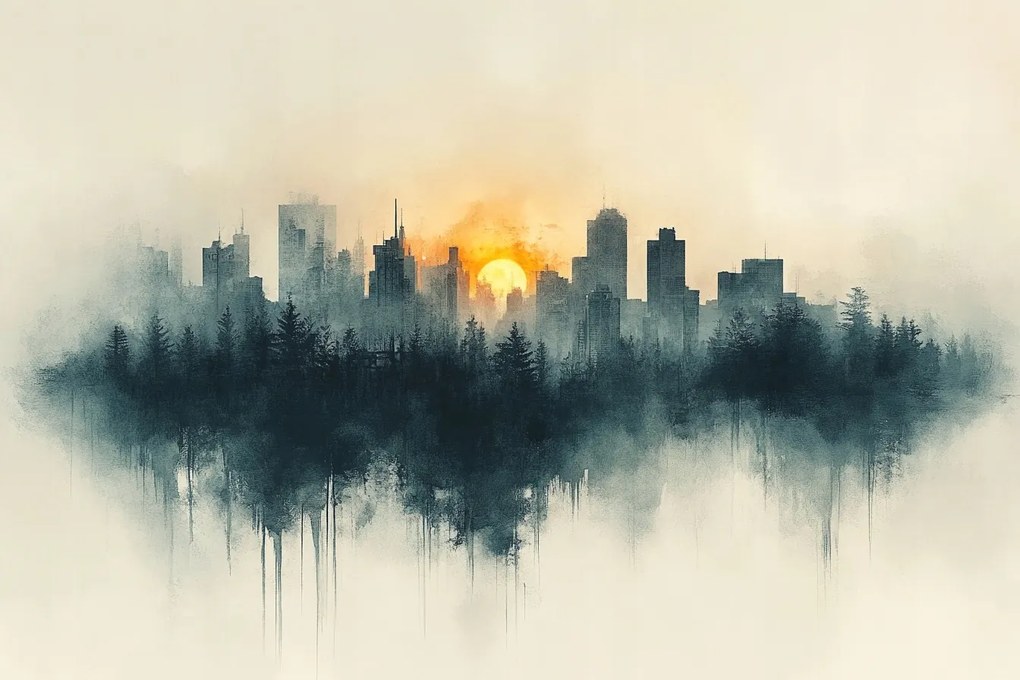 Vászonkép Canvas Grafika Város Panoráma Nap Erdő Akvarell 60x40