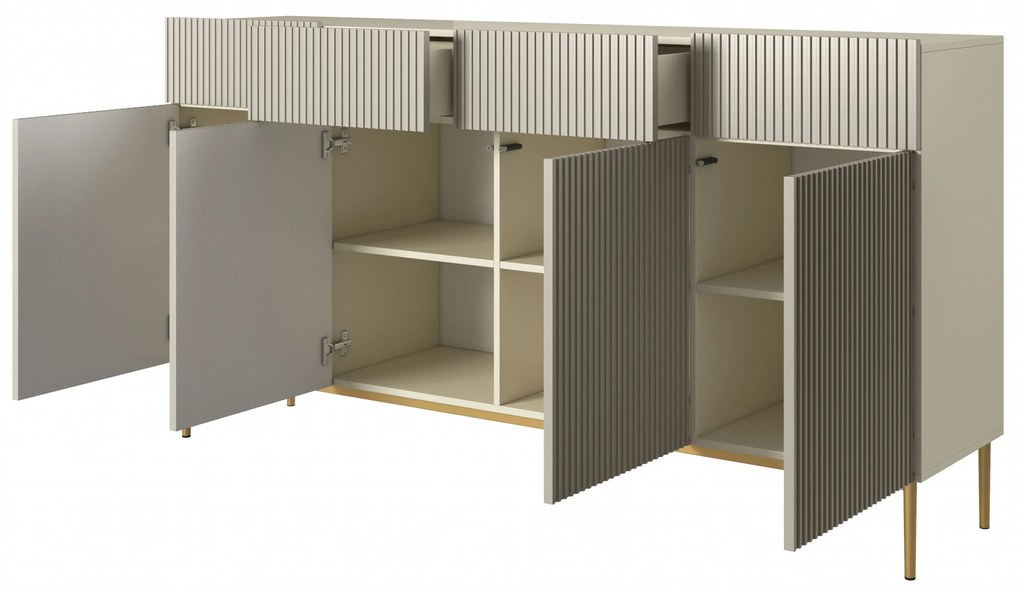 Nicole négyajtós komód 200 cm, fiókos, bordázott előlap - kasmír / arany lábak