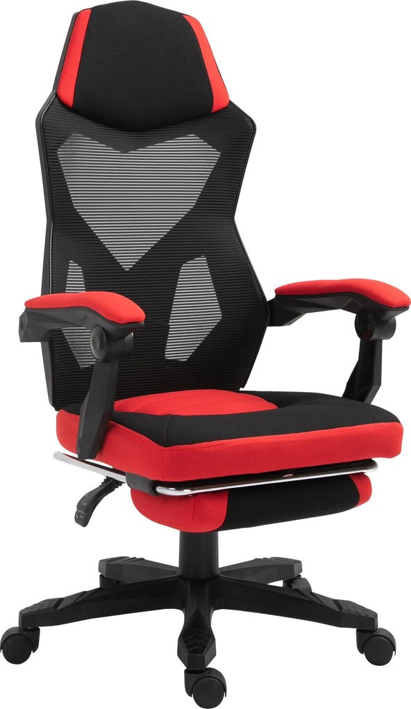 Vinsetto Ergonomikus Irodai Szék, Játék Szék, Forgószék Lábtartóval, PC Szék, Executive Szék, állítható magasság, Poliészter, Fekete+Piros, 58 x 63 x