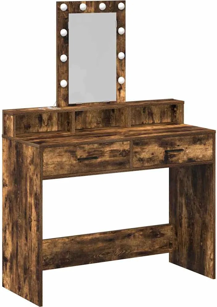 vidaXL Öltözködőasztal tükör lámpákkal Barna 100 x 41 x 140 cm Faanyag