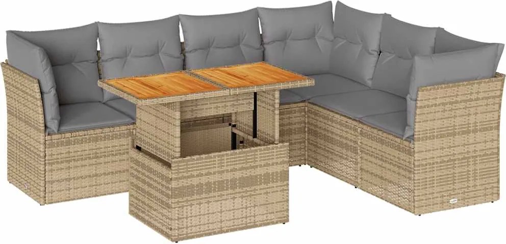 vidaXL 7 részes bézs polyrattan kerti ülőgarnitúra párnákkal