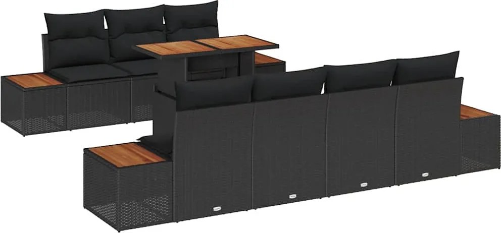 vidaXL Kerti Kanapé Szett párnával 8 pcs Fekete Poli rattan