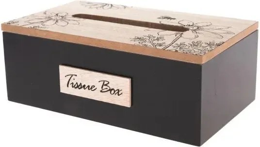 Fából készült zsebkendőtartó doboz fekete bézs dekoratív díszítéssel