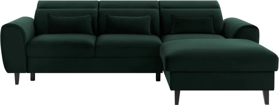 Sötétzöld bársony kinyitható-tárolóhelyes sarokkanapé (jobb oldali-heverő résszel) Foble – ELTAP