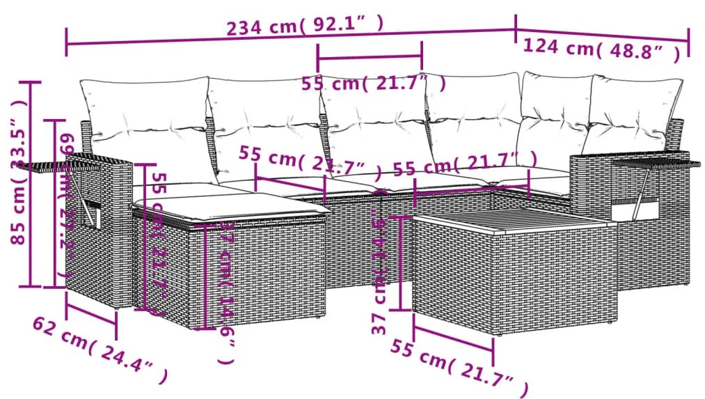 7 részes szürke polyrattan kerti ülőgarnitúra párnákkal