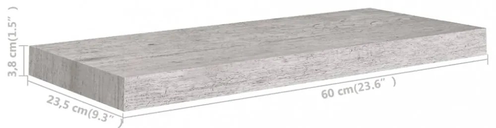 2 db betonszürke MDF lebegő fali polc 60 x 23,5 x 3,8 cm