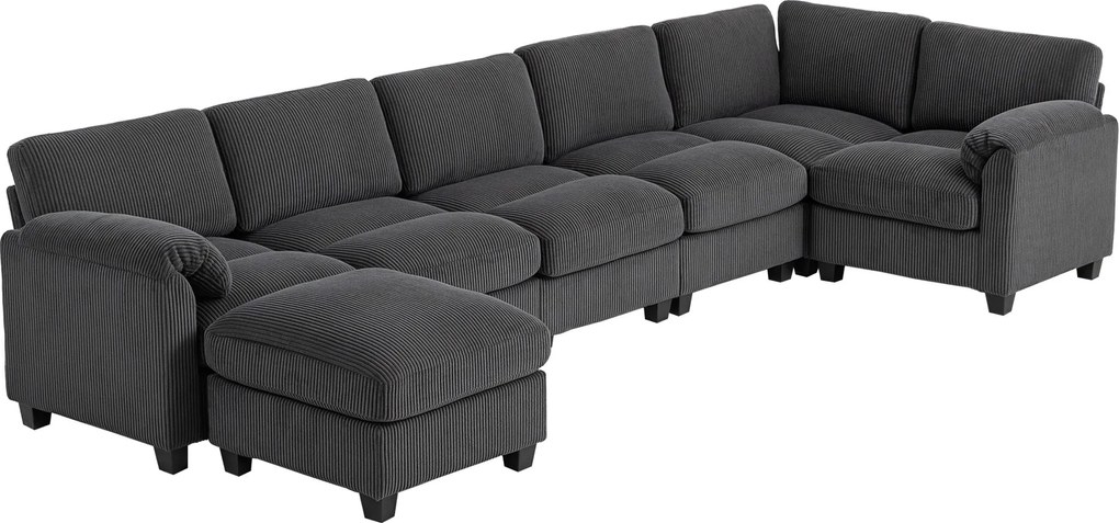 HOMCOM U-alakú sarokkanapé, 292 x 224 cm — kordszövet, zsebrugós párnák, levehető puff, ággyá alakítható, sötétszürke | Aosom