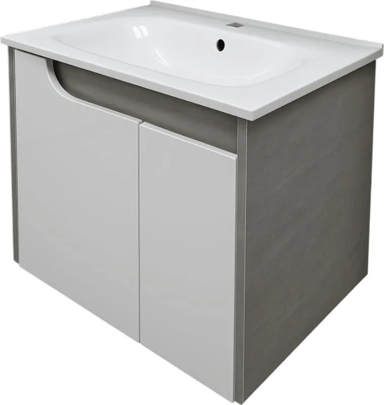 Piramida EURIDIKA fali fürdőszobabútor - műmárvány mosdóval -2 ajtós - FEHÉR-SZÜRKE - 65 x 48 x 62 cm