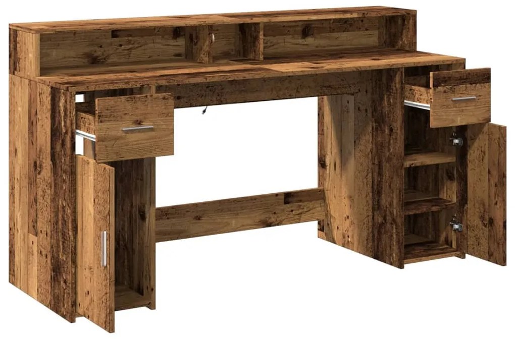 antik fa színű szerelt fa íróasztal LED-ekkel 160 x 55 x 91 cm