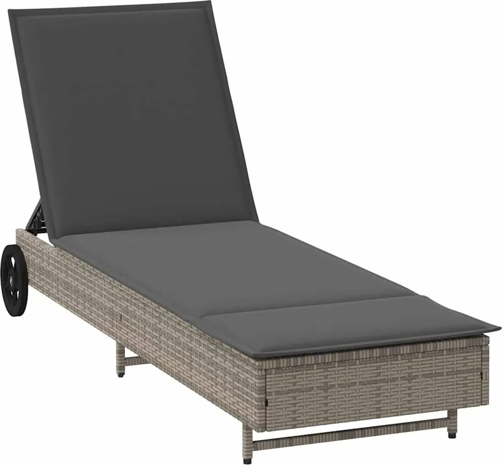 vidaXL szürke polyrattan napozóágy kerekekkel és párnával