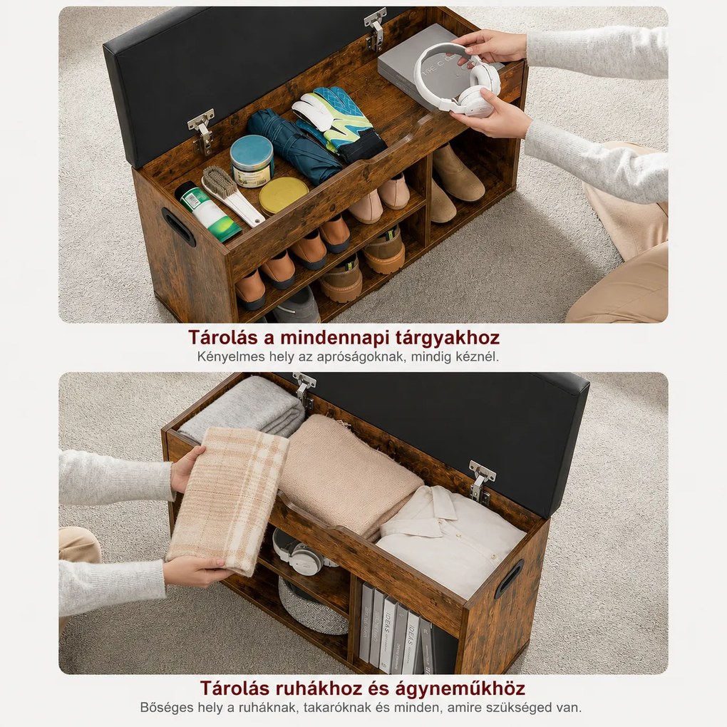 Tárolópad párnázott üléssel, 3 rekeszes cipőpad 80 x 30 x 44 cm, rusztikus barna