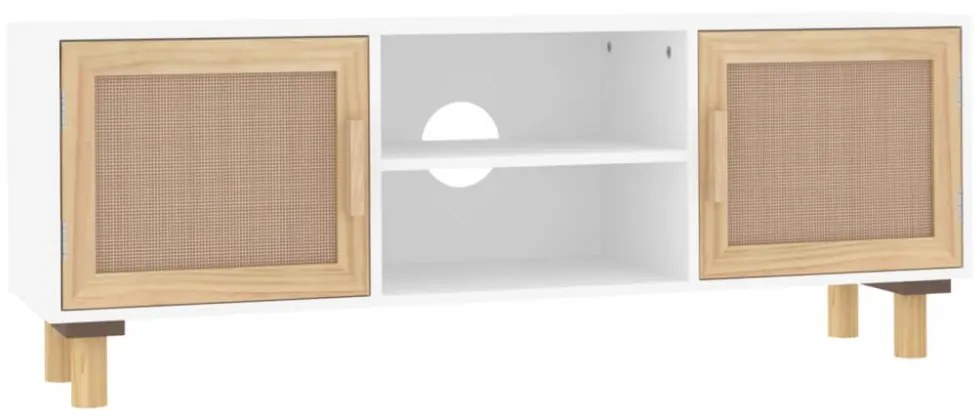 fehér fenyőfa és természetes rattan TV-szekrény 105x30x40 cm