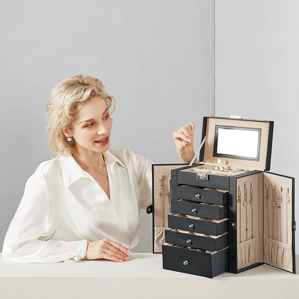 Ékszerdoboz tükörrel és csattal 6 szintes, fekete