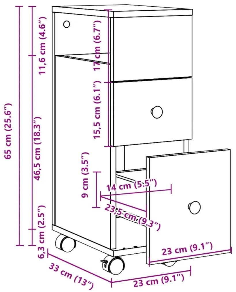 szürke sonoma szerelt fa görgős keskeny fürdőszobaszekrény