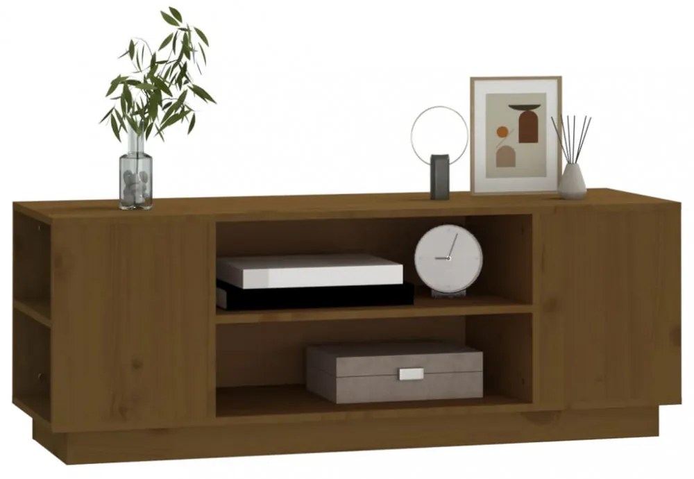 mézbarna tömör fenyőfa TV-szekrény 110 x 35 x 40,5 cm
