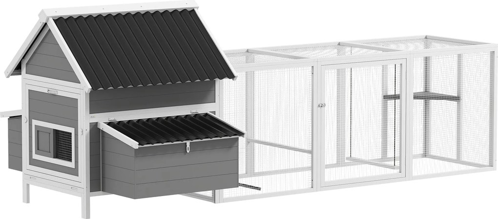 PawHut fa tyúkól kifutóval, 283 x 133,5 x 112 cm – 7–10 tojónak, 2 fészek, ülőkék és hinta, szürke | Aosom