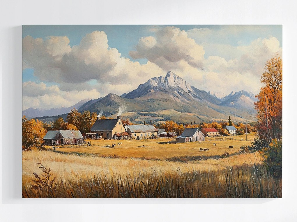 Poszter Tájkép Rusztikus Falu Házak Hegyek Mező Ősz 60x40