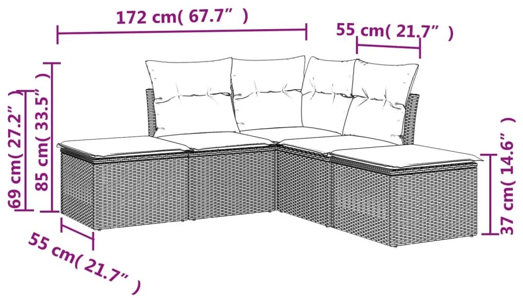 5 részes fekete polyrattan kerti kanapészett párnákkal