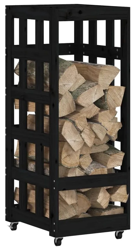 fekete tömör fenyőfa rönktároló kerekekkel 40x49x110 cm