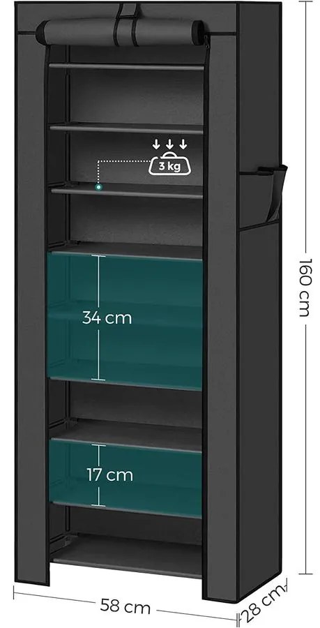 10 szintes szövetállvány, cipőtároló 28 x 58 x 160 cm, fekete