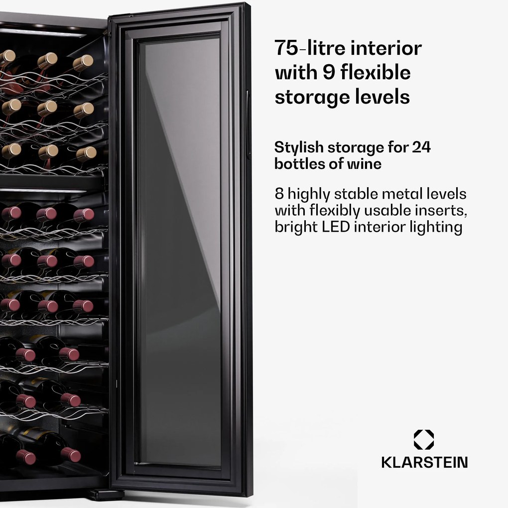 Klarstein Shiraz 24 Duo, borhűtő, 2 zóna, 75 l/24 palack, 5-18 °C, érintésvezérlés