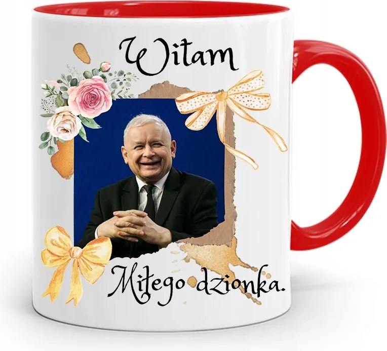 Piros Vicces Bögre Jaroslaw Kaczynski fényképes nyomattal
