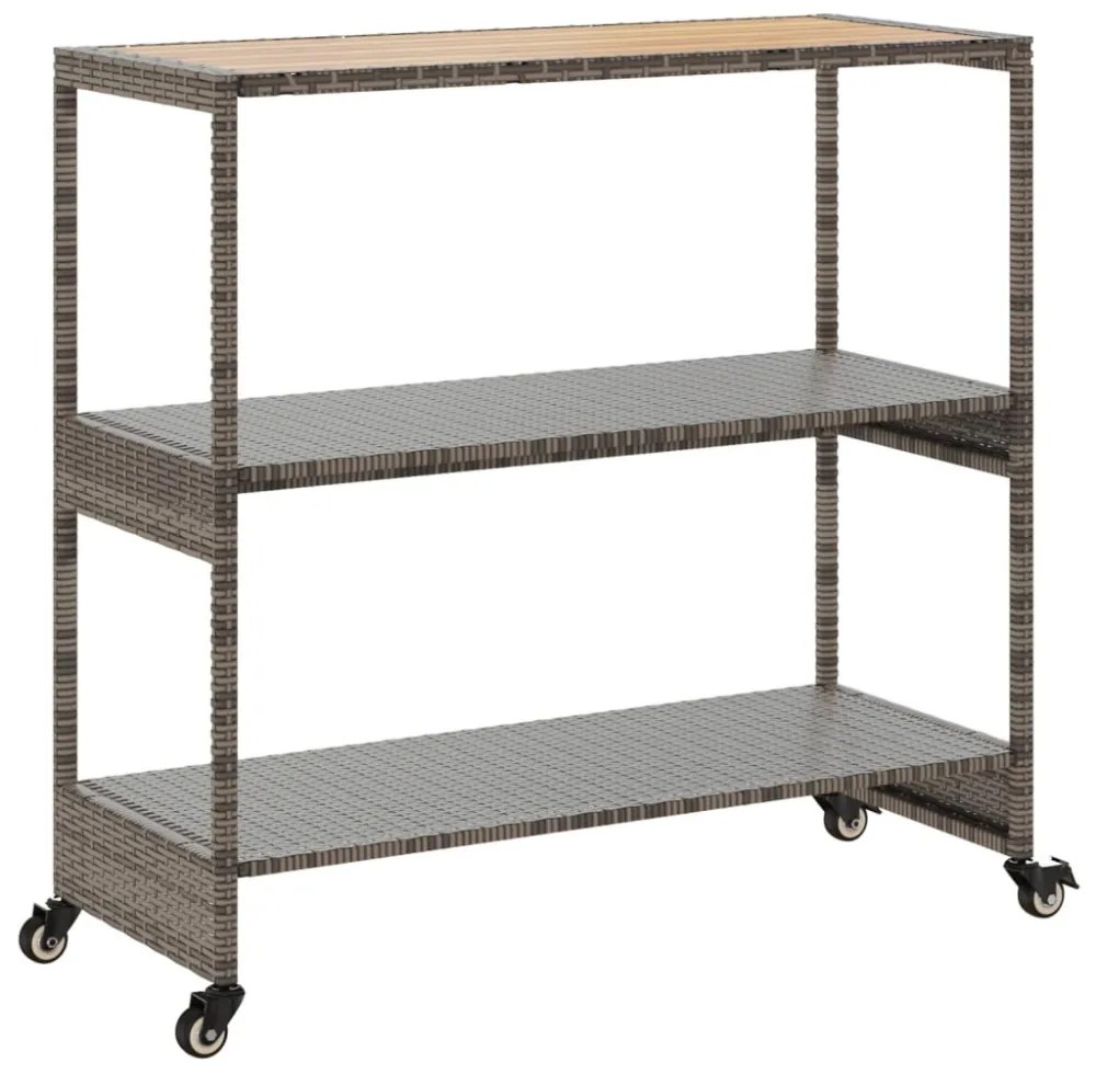 3 szintes szürke polyrattan és tömör akácfa zsúrkocsi
