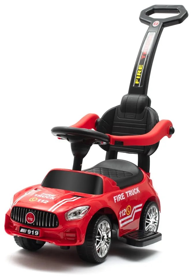 Zenélő bébitaxi vezetőrúddal Baby Mix TŰZOLTÓK piros